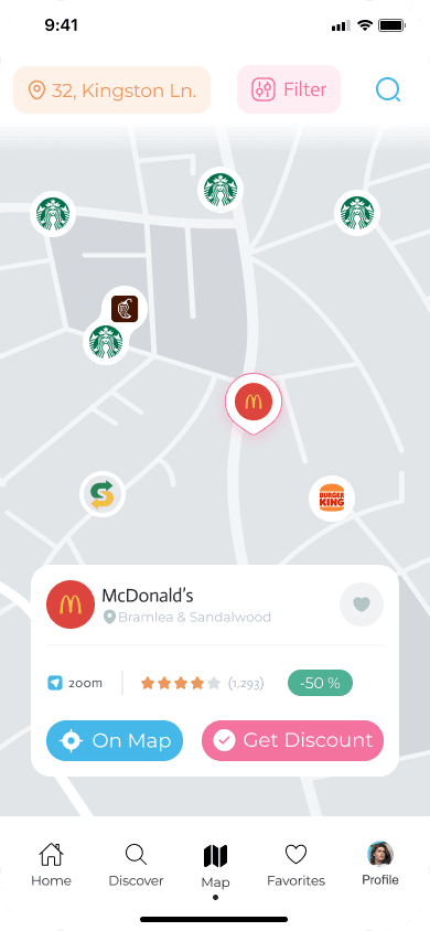 Map view showing nearby restaurants